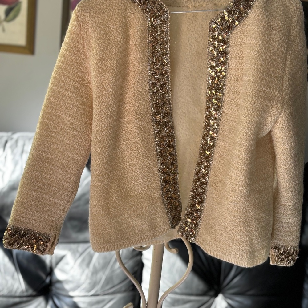 White Knit Cardigan with wide metallic sequin trim